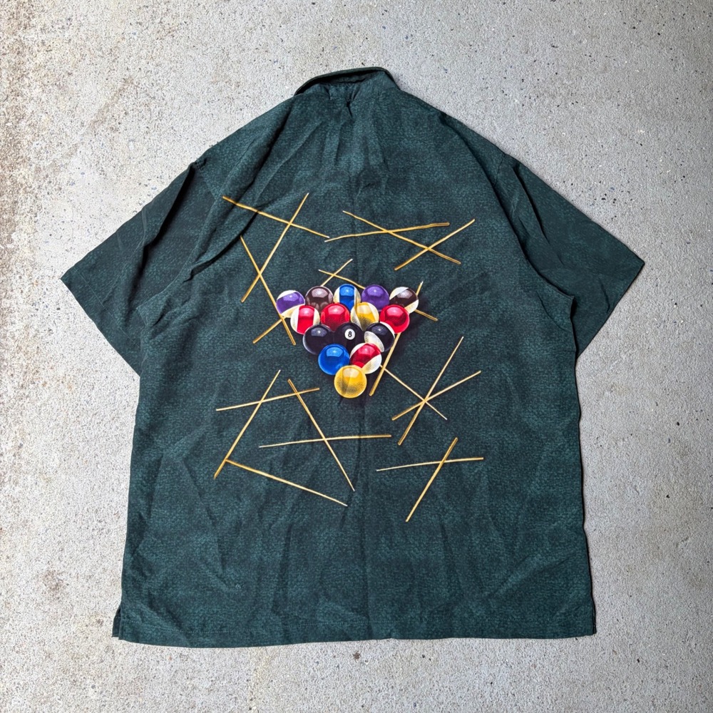 Vintage ME Sport Billiards 8 Ball Graphic Button Down Shirt Green Mens Large